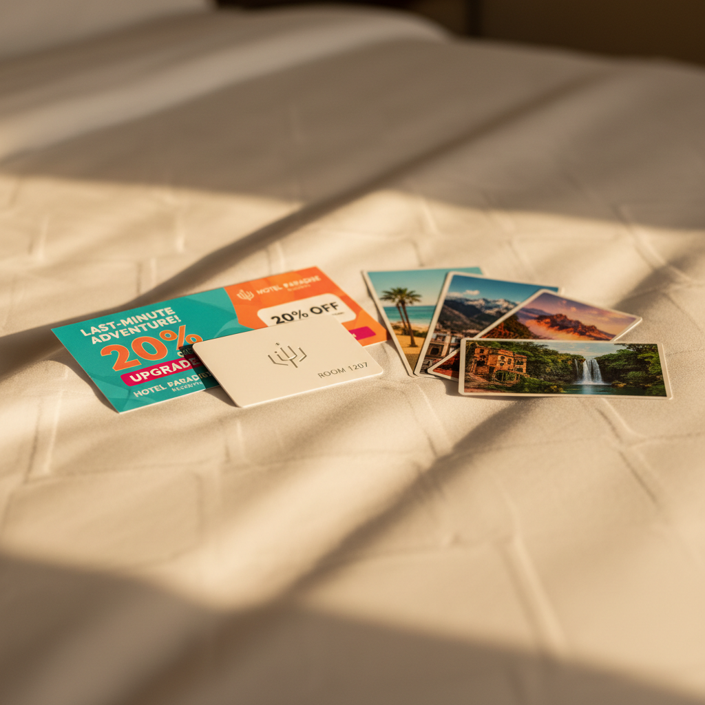 A pristine hotel room key card and a brightly printed discount voucher resting on crisp white bedding with a subtle textured weave, beside a small stack of colorful destination postcards fanned out like playing cards. The duvet forms soft folds that catch the warm golden-hour light streaming through an unseen window, casting gentle shadows and creating a cozy, inviting glow. The camera is positioned at a low, close-up angle with shallow depth of field, keeping the key card and voucher in sharp focus while the postcards blur softly. The photographic image feels playful and aspirational, suggesting surprise upgrade deals and last-minute discounts in a clean, modern travel setting.