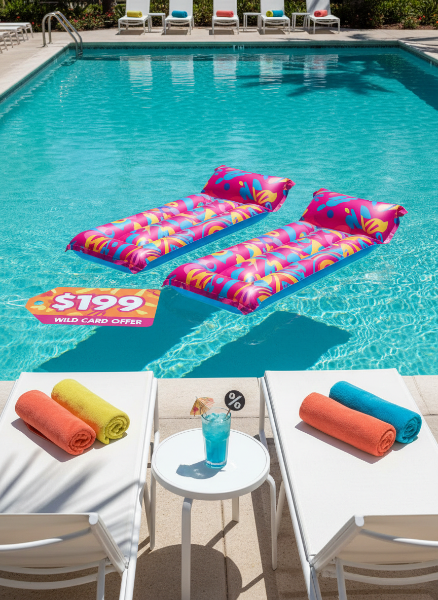 A sunny resort-style swimming pool scene without people, featuring a pair of brightly patterned inflatable loungers drifting close together in crystal-clear turquoise water. One lounger has a large printed price tag graphic and playful “Wild Card Offer” text, partially submerged and rippling. Colorful beach towels are neatly rolled on nearby lounge chairs, and a small poolside table holds a frosty drink with a tiny paper umbrella printed with a percentage sign. Midday sunlight creates sparkling highlights on the water’s surface and crisp, defined shadows along the pool edge. Captured at a slightly elevated angle with photographic realism and saturated colors, the image feels fun, carefree, and perfectly suited for showcasing resort and family vacation deals.