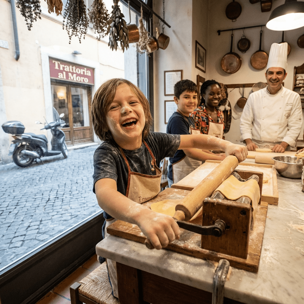 A joyful boy rolls fresh pasta dough alongside other children and a professional chef.
