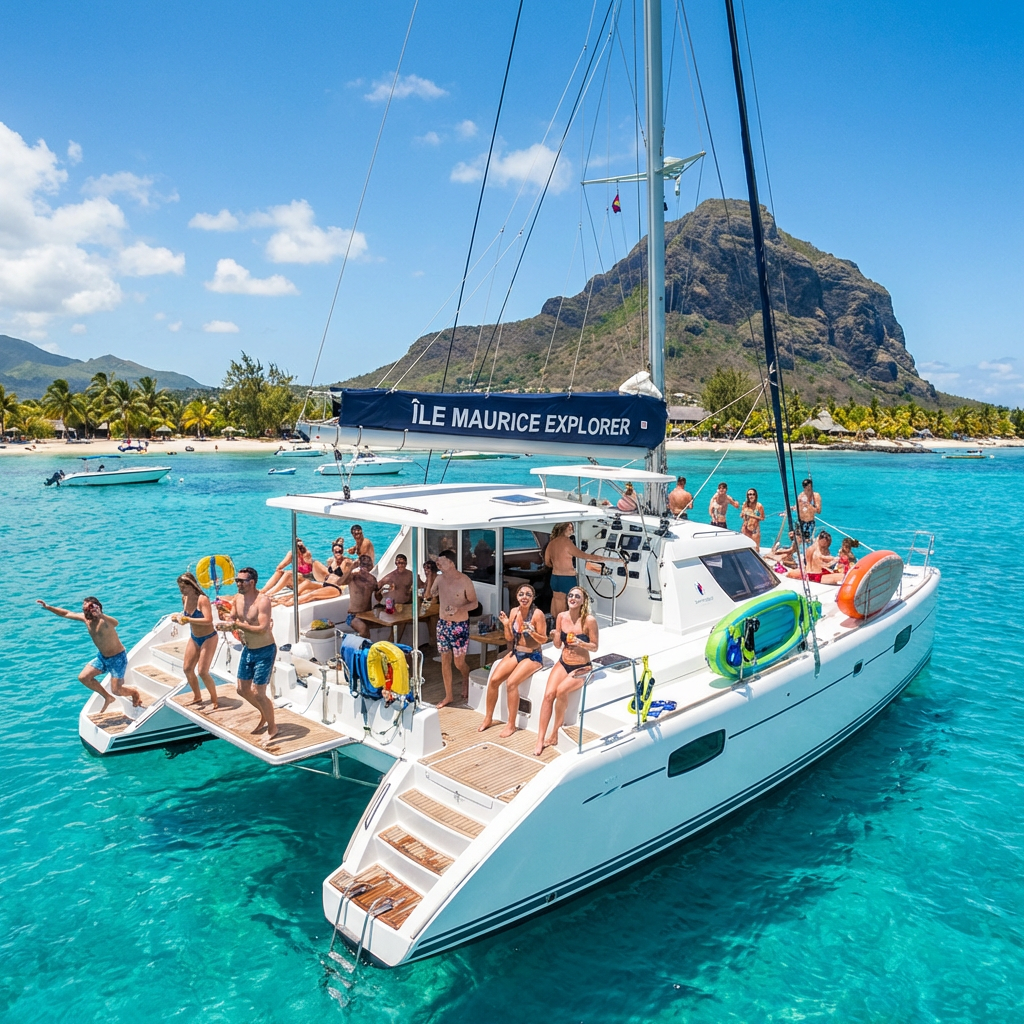 Group of people on a catamaran named Île Maurice Explorer in clear blue tropical water.